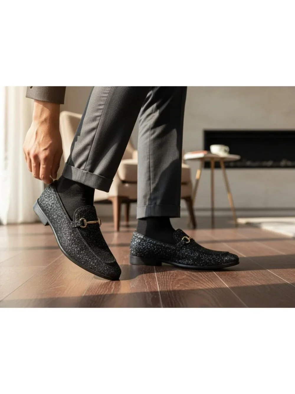 Metrocharm Men's Black Glitter Rubber Velvet Loafers Gold Buckle Slip On Shoes